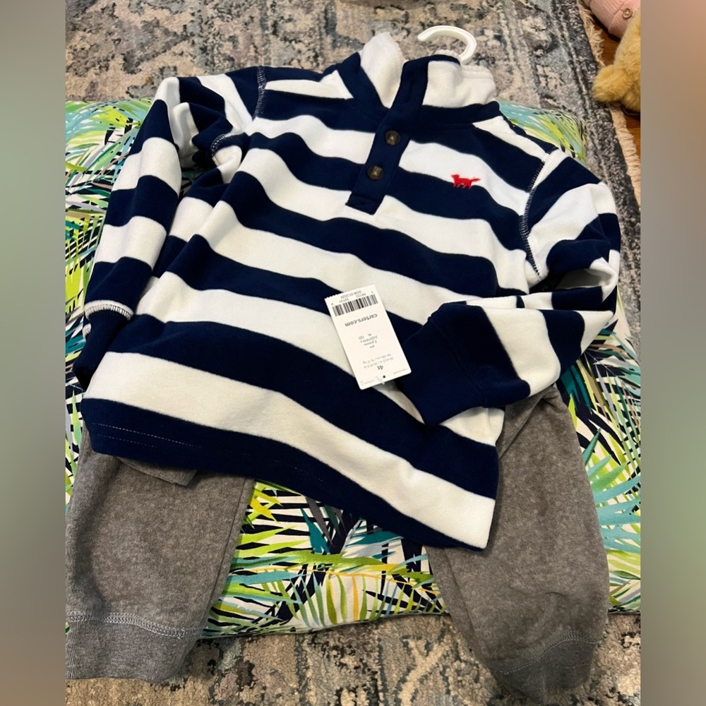 New Carter's boys blue/white striped half zip fleece sweater & fleece pants set
